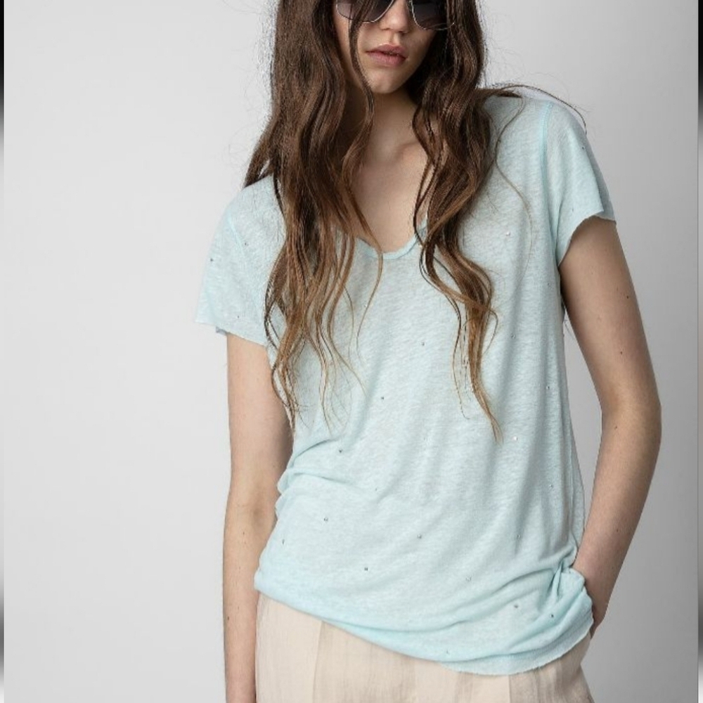 Zadig & Voltaire Tunisien Dots Henley T-Shirt Celadon Aqua Blue‎ color in Small